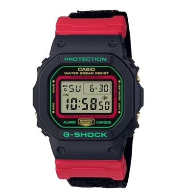 【台南 時代鐘錶 CASIO】卡西歐 G-SHOCK 200米防水 帆布錶帶 運動電子錶 DW-5600THC-1 黑