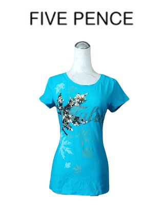 都會名牌~【FIVE PENCE 五個銅貨】金色亮片貼鑽印花土耳其藍短袖棉衫~