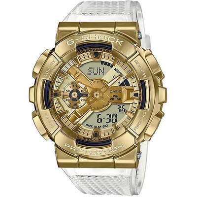 【金台鐘錶】CASIO卡西歐G-SHOCK (全金屬外殼)(透明膠錶帶) 金色錶圈 防水200米 GM-110SG-9A