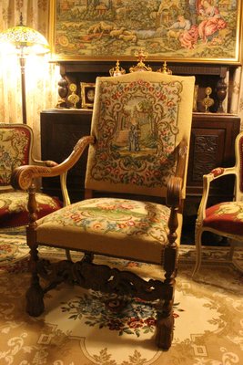 【家與收藏】特價稀有珍藏歐洲古董法國華麗大器皇家手工刺繡老胡桃木雕花古堡莊園高背椅