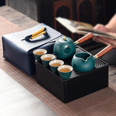 茶具 陶瓷側把壺便攜旅行功夫茶具套裝一壺四杯帶茶盤可加LOGO黑陶茶具