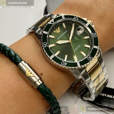 ARMANI手錶,編號AR00043,44mm綠金圓形精鋼錶殼,墨綠色中三針顯示, 運動, 水鬼錶面,金銀相間精鋼錶帶