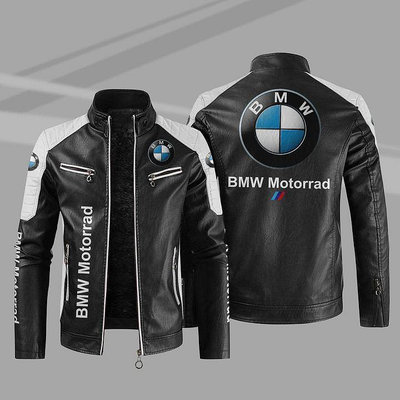 男士高檔輕奢皮衣印 BMW車標logo外套 車標皮外套 立領機車外套-水水精品衣櫥