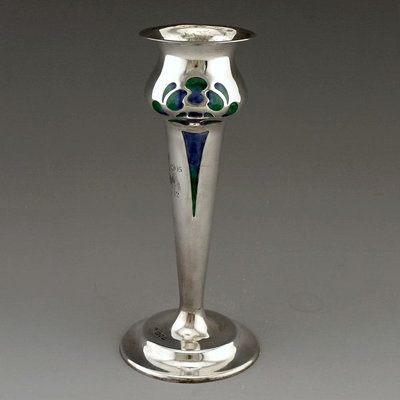 1902年純銀琺瑯花插 129g 西洋古董銀器 英國老銀花瓶