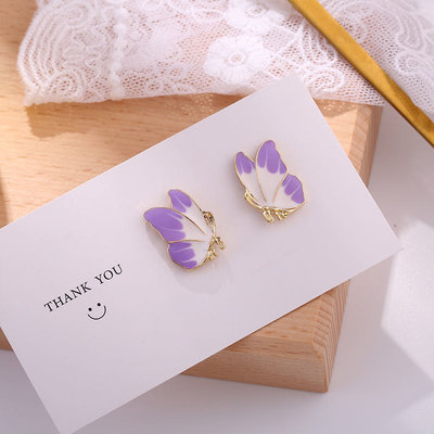 【現貨】韓版 925銀針 紫色白色翩翩 蝴蝶 耳針 耳環
