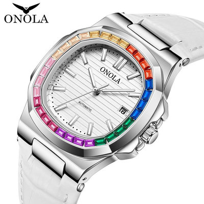 ONOLA 3853高品質 彩虹鑽 手錶男 牛皮帶 防水 機械錶