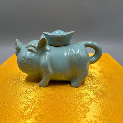 宋汝窯藍釉豬形蓋罐仿古瓷器古玩董老物收藏品客廳茶樓中式老擺件