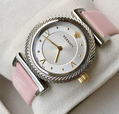 VERSACE V-Motif 銀白色錶盤 粉色皮革錶帶 石英 女士手錶 VERE00118