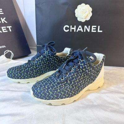 Chanel香奈兒 藍色編織布面運動鞋女熒光格紋厚底內增高鞋