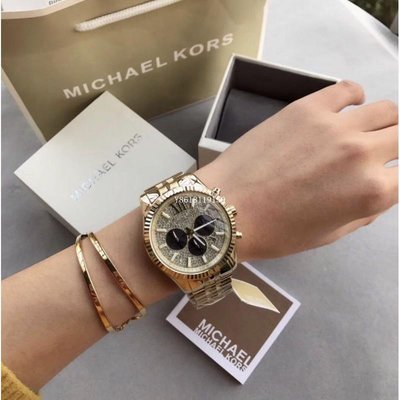 Michael Kors MK8494手錶奢華耀眼晶鑽三眼計時腕錶/金色