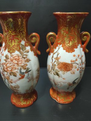 日本 九谷燒 金彩 赤繪 花鳥紋樣 花瓶 花器 花生 一對