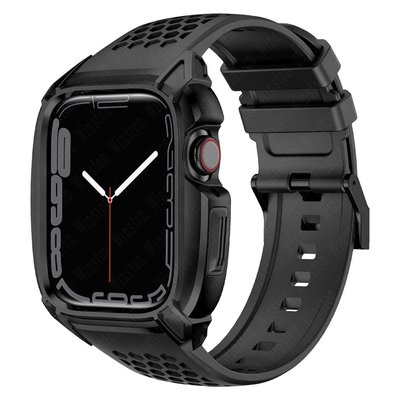 適用於apple Watch 8 7 6 5 4 SE 44毫米45不銹鋼表扣金屬錶殼和軟TPU橡膠錶帶