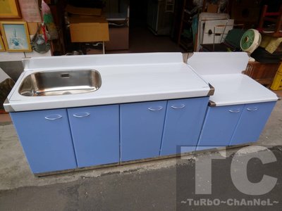 流理台【總長216公分-左水槽 共2件】台面&amp;櫃體不鏽鋼 素面藍色門板 最新款流理臺
