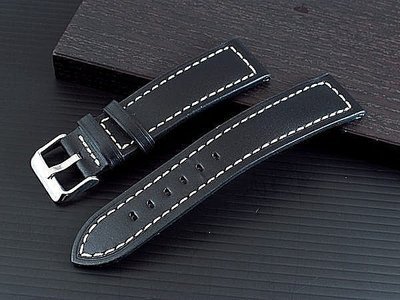 高質感20mm收18mm可替代seiko hamilton原廠錶帶之平面無紋真牛皮pilot軍風錶帶牢靠縫線black