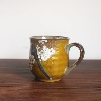 “正品”日本進口九谷燒手繪陶瓷馬克杯黃釉櫻花雀鳥茶杯咖啡杯生日禮物