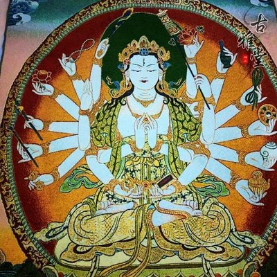 現貨熱銷-【紀念幣】古玩收藏 西藏佛像絲綢刺繡尼泊爾金絲唐卡畫像千手觀音唐卡畫像
