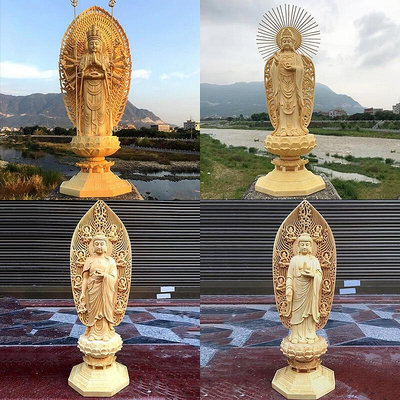 檜木雕刻大佛像擺件 實木根雕東西方三圣 釋迦牟尼南海觀音地藏王