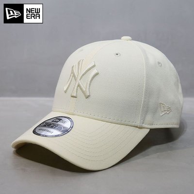 韓國代購NEWERA帽子MLB棒球帽硬頂大標NY洋基鴨舌帽米白色彎檐帽