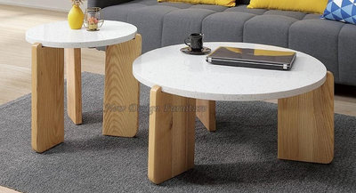 【N D Furniture】台南在地家具-設計款日系白蠟木腳座水磨石面茶几大小組合YH