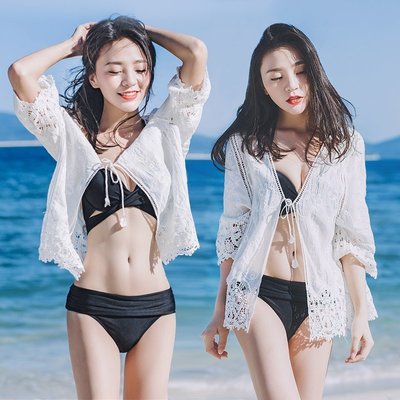 現貨熱銷-泰國海邊度假沙灘短款防曬衣女仙夏季百搭蕾絲鏤空開衫薄款外套潮