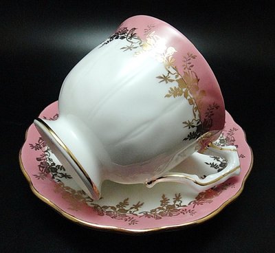 【timekeeper】 英國製Aynsley安茲麗粉紅色花卉描金咖啡杯+盤(免運)