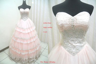 【時尚屋婚紗禮服】大尺碼~淡粉橘色露肩蕾絲設計師層次造型款《二手禮服》～Ｋ３４３(歡迎預約試穿)