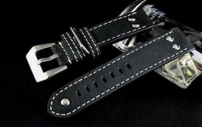 24mm飛行表的新衣banda德國軍錶vintage冒險風格鉚釘直身黑色真皮錶帶zeno,hamilton