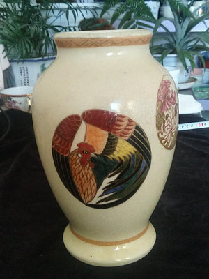 日本瓷器 薩摩燒手繪花入 花瓶 彩繪描金 金襕手 手工柴燒