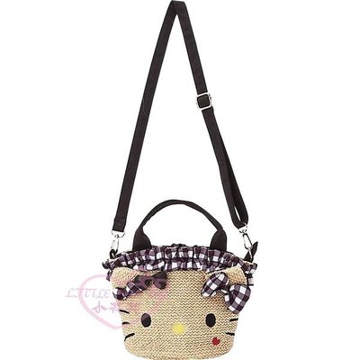 ♥小花凱蒂日本精品♥Hello kitty凱蒂貓大臉造型咖啡色側背包斜背包手提包2用包藤編風出外好攜帶41131701