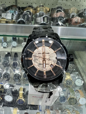 【金台鐘錶】RELAX TIME RT62系列 人動電能地球腕錶 -玫塊金x黑/ 45mm (RT-62-2)