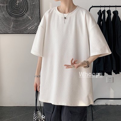 華夫格短袖T恤男高級設計感oversize寬鬆素色圓領五分袖上衣夏季 7TOC