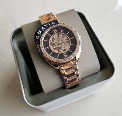 FOSSIL Vale Automatic 水鑽圈 黑色鏤空錶盤 玫瑰金色不鏽鋼錶帶 女士 自動機械錶 BQ3728
