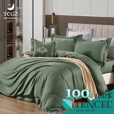 §同床共枕§TENCEL100%100支頂級尊爵刺繡素色天絲 加大6x6.2尺 薄床包舖棉兩用被五件式組-柳竹綠
