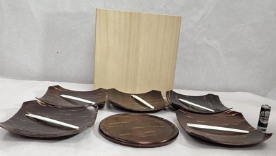 【日本古漾】552203日本帶回 煎茶道具 櫻皮細工 菓子皿 6個組(圓形1個 方型4個) 附叉 附木盒