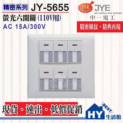 含稅 中一電工 WIDE 精密系列 JY-5655 埋入式 螢光大面板開關 二連式 六開關 條紋開關 6開 6切 附蓋板