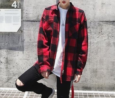 【熱賣下殺】 韓國 時尚 潮 男 寬鬆拉鏈 黑紅格子 毛呢外套 格子外套
