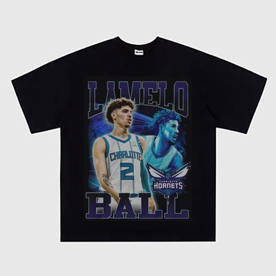鮑爾LaMelo Ball籃球印花T恤VINTAGE美式嘻哈人像高街純棉短袖TEE