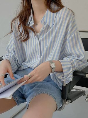 慵懶夏日2色🌛韓 輕薄條紋藝術撞色法式品味休閒襯衫