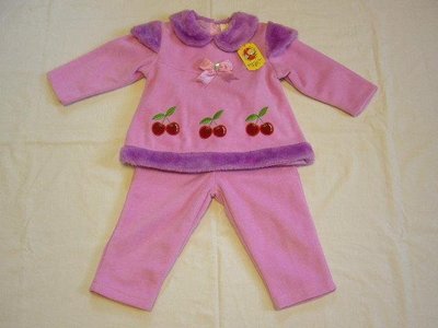 台製 女小童 櫻桃圖案 粉紫色 洋裝式 長袖套裝~零碼出清~適2歲左右穿