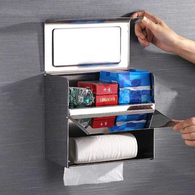 不銹鋼免打孔雙層紙巾盒衛生間卷紙抽紙盒多功能防水廁紙盒置物架^特價特賣
