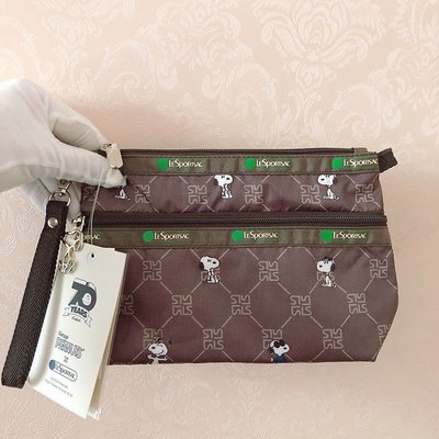 ╭＊全新現貨＊╯LeSportsac x Snoopy 咖啡史努比 7105 兩條拉鏈帶手繩手拿包 化妝包 零錢包收納包