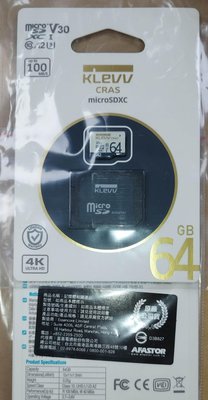 KLEVV microSD(TF) 小記憶卡 64GB, 代理商貨, U3,C10,A2,V30.micro SD