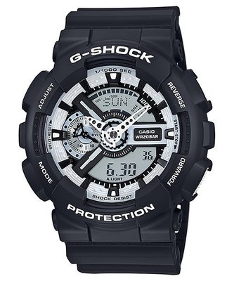 【金台鐘錶】CASIO卡西歐G-SHOCK 橡膠錶帶 防水200米 搭配錶盤零件的黑白色調 GA-110BW-1A