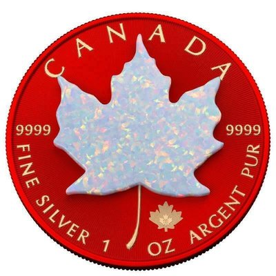 【海寧潮期貨】加拿大2023年楓葉1盎司紅色鑲嵌澳寶鍍金銀幣
