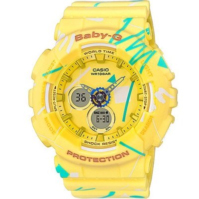 BABY-G 幾何線條塗鴉潮流腕錶(BA-120SC-9A)-黃/43.4mm