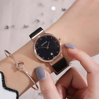 熱銷 古歐GUOU新款時尚潮流鑲鉆簡約錶盤個性女錶防水女士皮帶錶學生錶637 WG047