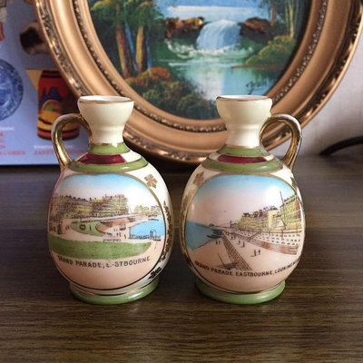 特惠Gemma 捷克古董瓷器 風景瓷瓶擺件 中古半手繪描金裝