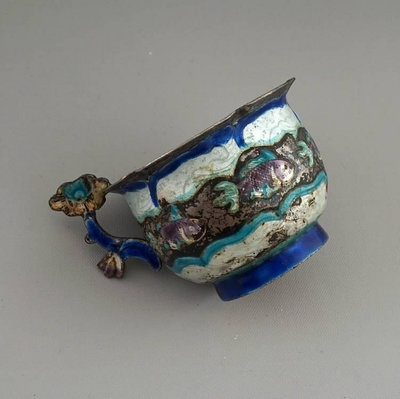 清代琺瑯純銀小杯 銀燒藍茶杯 中國古董銀器 傳統老銀器