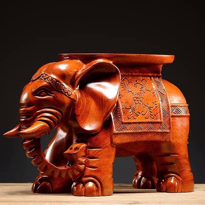 現貨熱銷-黃花梨木雕大象換鞋凳家居實木雕刻大象凳子客廳沙發凳紅木工藝品