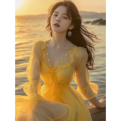 女生服飾 黃色 雪紡 洋裝 春裝女 2024年新款 甜美 海邊 度假 超仙 法式 長裙 沙灘裙~